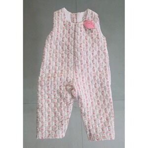 Vintage 1980s Baby Girls 6M Quilted Floral Overall Romper Pink Rose Appliqué